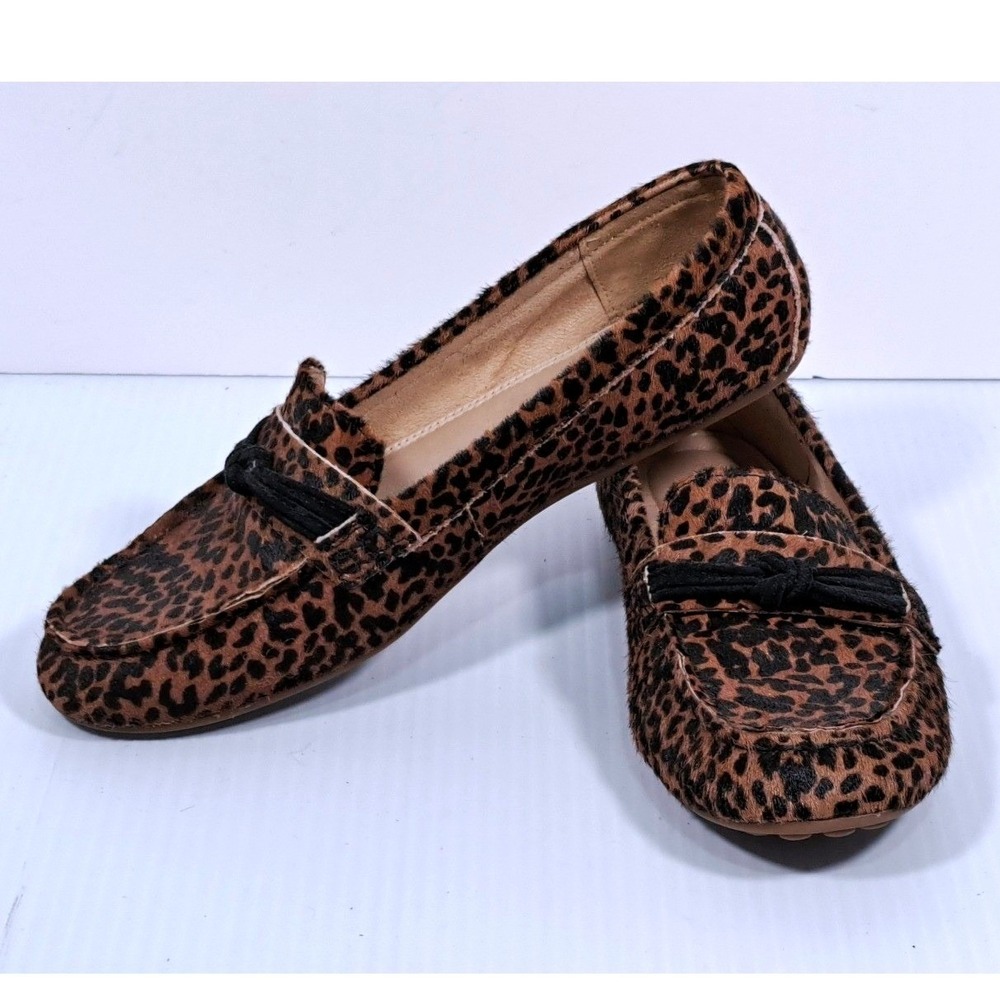 Lands End Womens Leopard Calf Hair Driving Moccasin Loafers Brown Black Bow